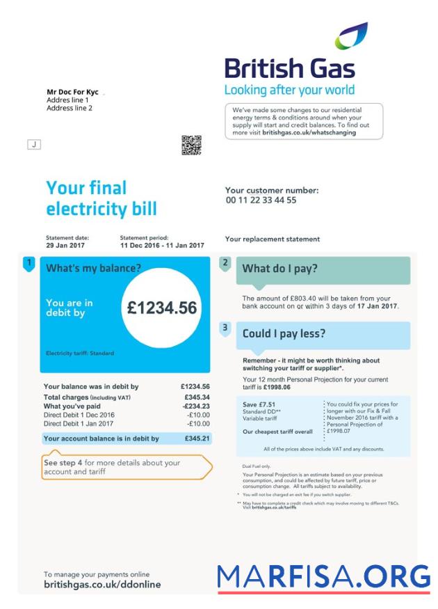 Printable United Kingdom British Gas bill template PSD